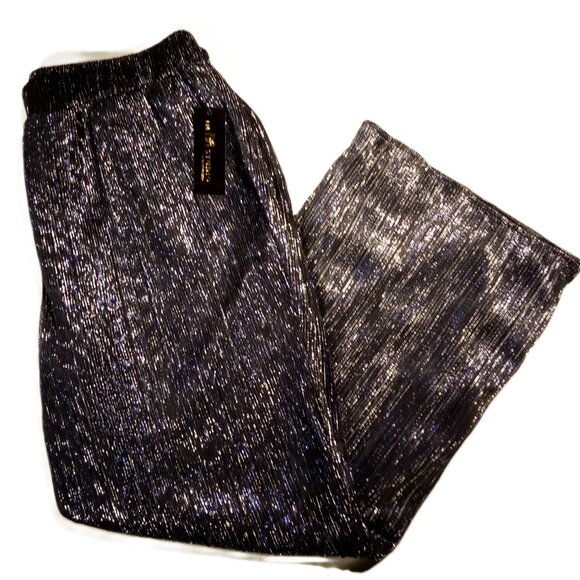 JM Studio Pants LGE  Navy Silver Metallic  Wide Leg  Sheer over solid lining NWT - Picture 1 of 10